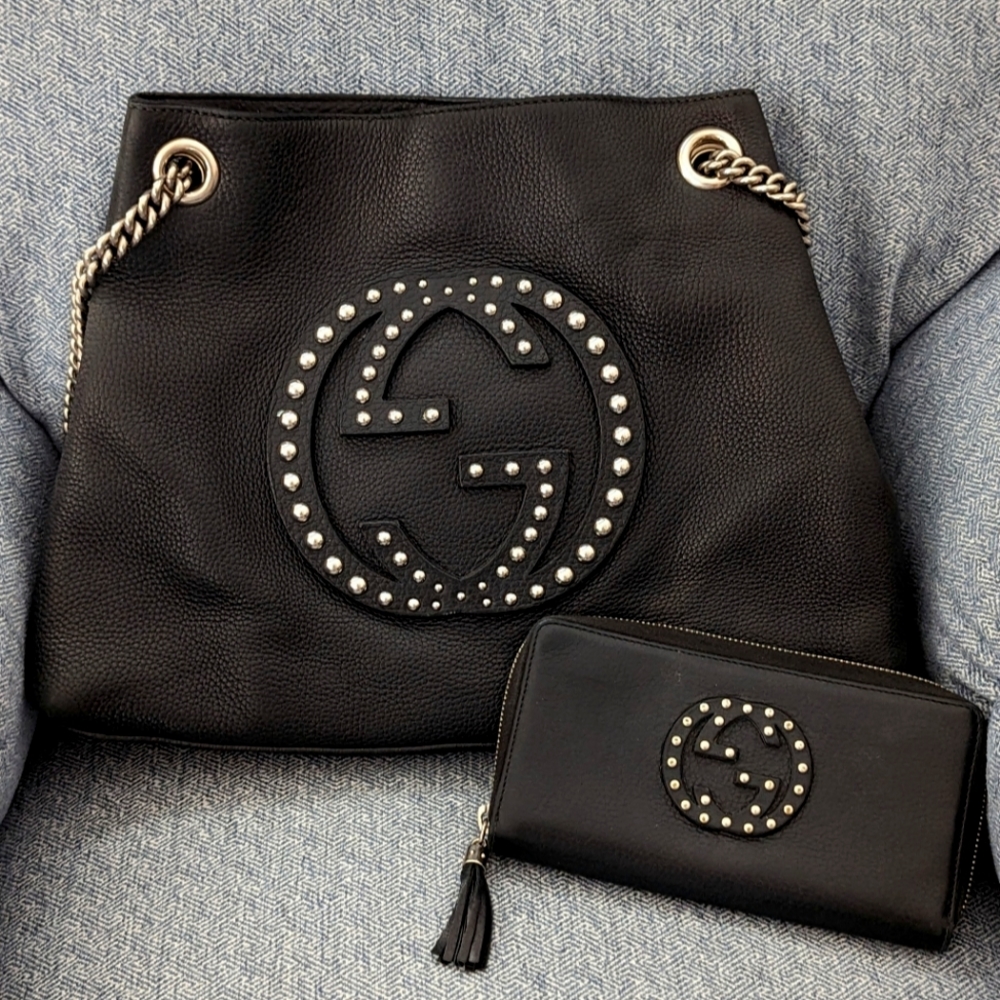 Authentic Rare Gucci Studded Soho Black Tote & Zip Around Accordion Wallet
